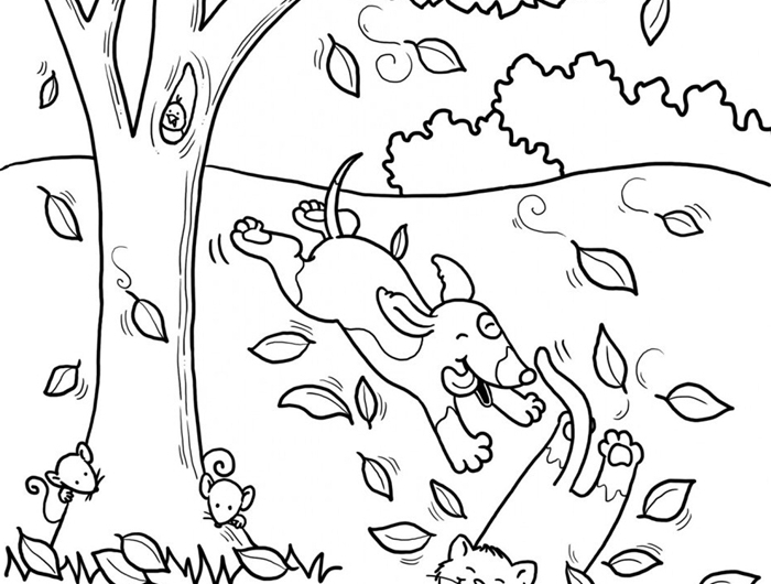 page de coloriage simple pour enfant arbre automne dessin occupation maternelle activité amusante dessin chat chien amitié