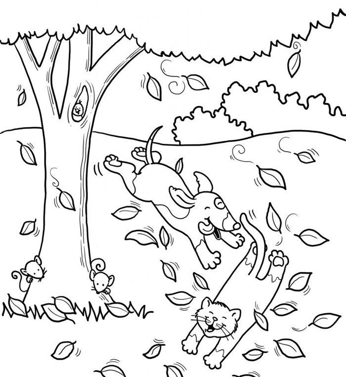 page de coloriage simple pour enfant arbre automne dessin occupation maternelle activité amusante dessin chat chien amitié