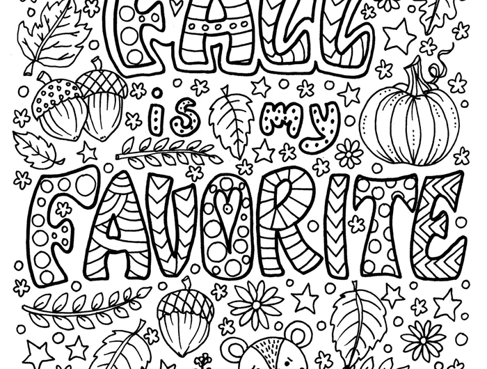 page à colorier dessin feuille d automne blanc et noir lettres automne saison favorite motifs automne citrouilles ours champignons