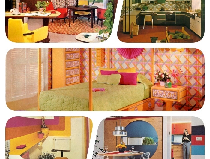 photos vintage déco année 70 réussie cuisine verte chambre lit bois avec linge vert salle à manger vintage et wc coloré style année 70