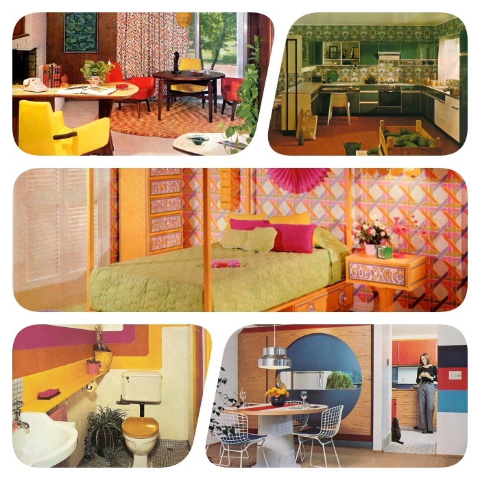 photos vintage déco année 70 réussie cuisine verte chambre lit bois avec linge vert salle à manger vintage et wc coloré style année 70