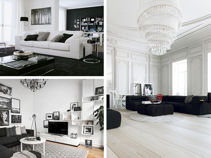 quelle couleur de sol dans un salon blanc et noir revetement de sol parquet bois blanc tapis graphique blanc et noir decoration minimaliste