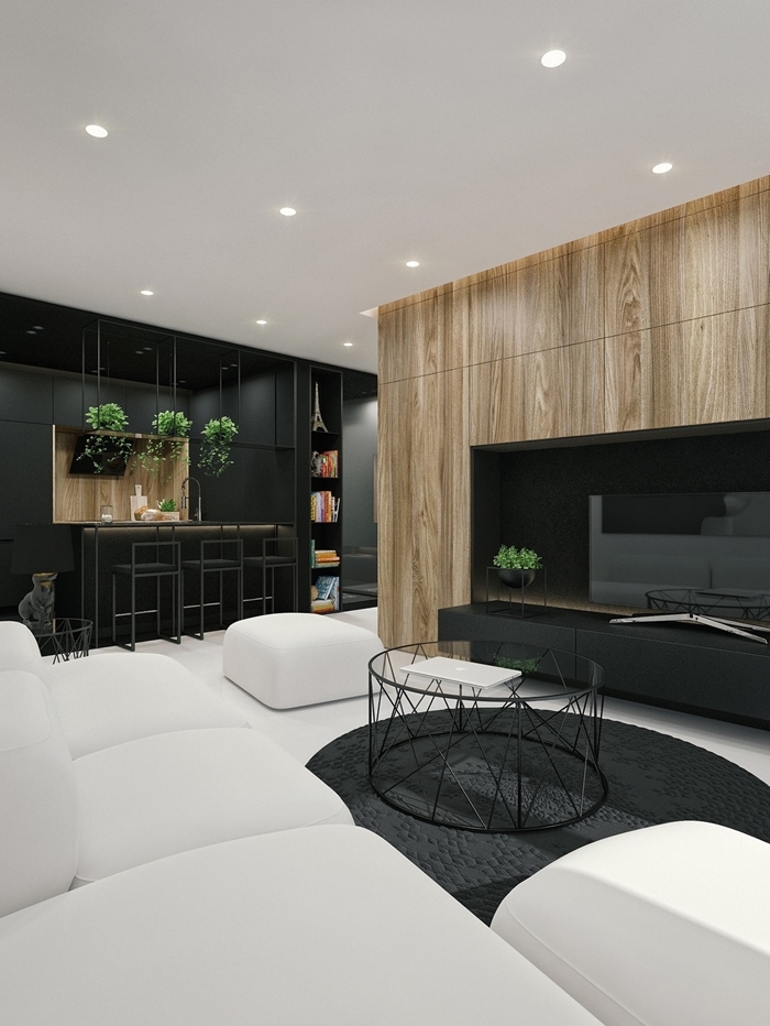 salon blanc et bois revêtement panneaux bois spots led éclairage cuisine noire et bois canapé blanc table verre et métal noirci
