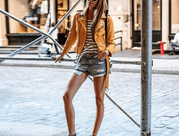 tenue avec basket noir converse jean short veste jaune vetement ado fille stylé les filles swag style de la rue a la mode