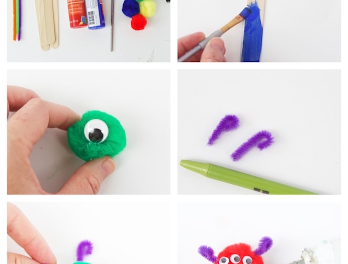 activité manuelle primairecomment faire un marque page diy en pompon et batonnet de glace motif monstre