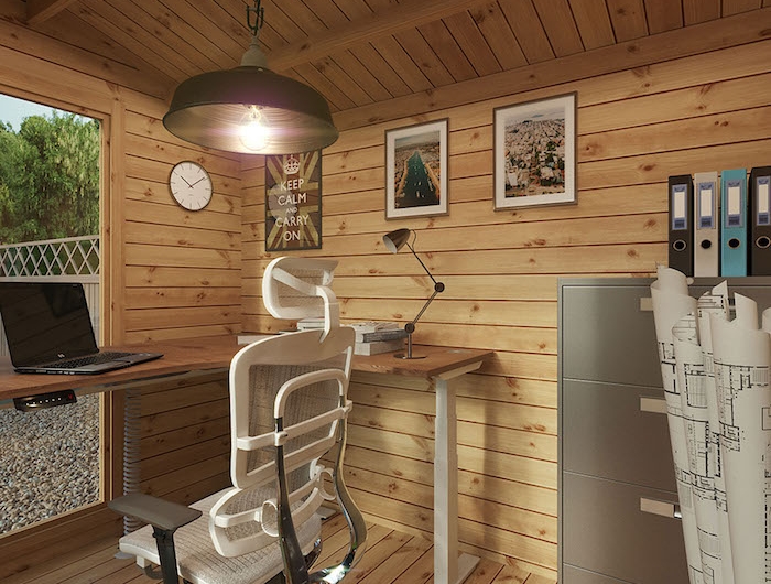 amenagement de bureau en style scandinave plancher et murs en bois chaise blanc devant un table des tableux aux murs