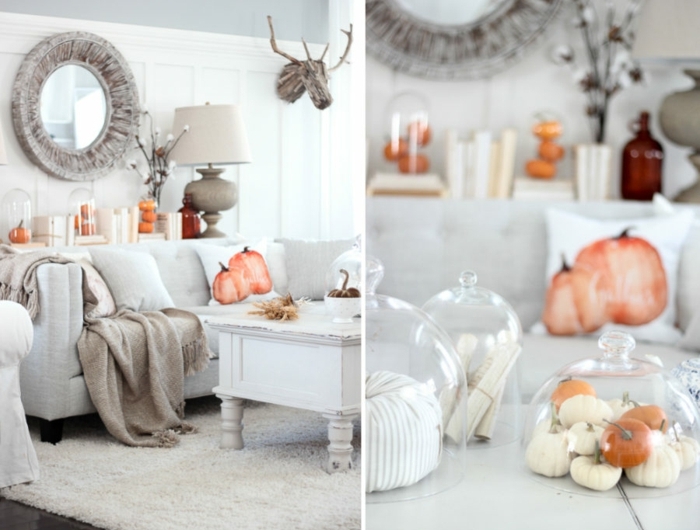 automne décoration de salon coussins avec citrouilles peintes table basse blanche tapis shaggy miroir ronde