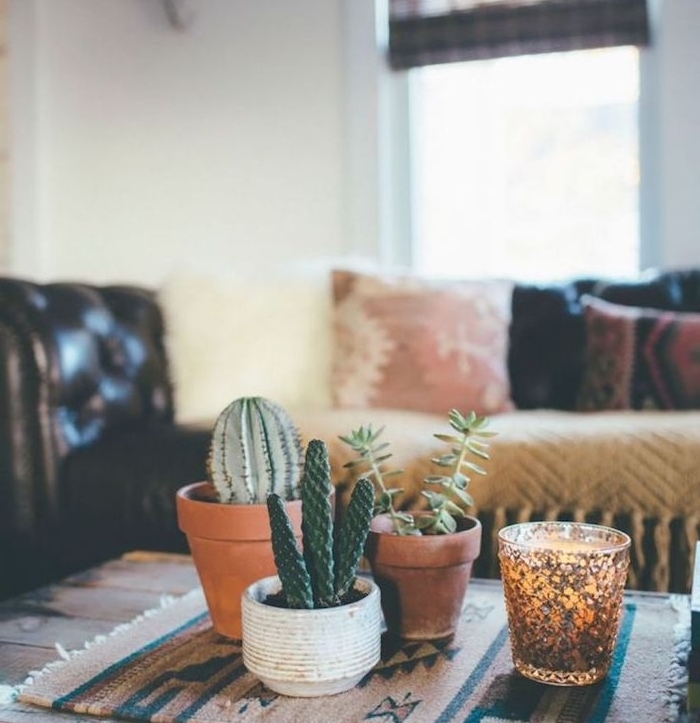centre de table salon petits cactus en pots de fleurs sur couverture table dépaysante cactus decor simple et elegant salon boheme