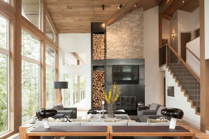 chalet bois grand cheminee dans le mur meuble cuisine bois inspiration intérieur cuisine champêtre