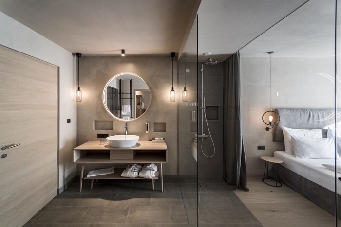 chambre parentale avec salle de bain design intérieur style moderne décoration chambre grise peinture à effet béton