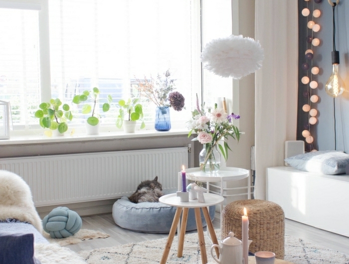 cocooning idée d interieur style hygge scandinave appartement cocooning idee deco salon tapis shaggy guirlande lumineuse