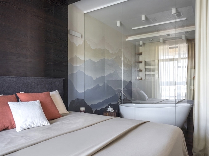 coussins décoratifs salle d eau dans chambre papier peint salle de peint motifs paysage baignoire autoportante revêtement mur foncé bois