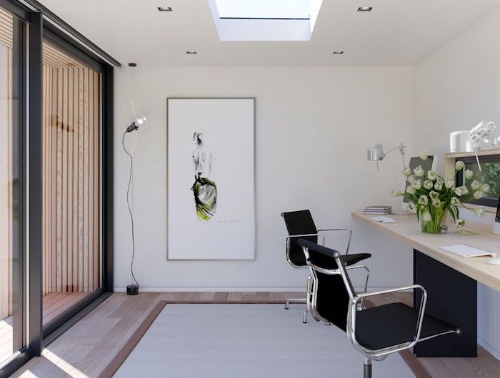 deco bureau moderne en blanc avec des chaises bauhause et cadres noirs tabeux abstrait au mur