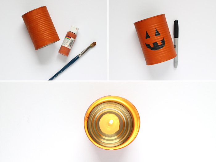 deco halloween diy fabriquée dans boite de conserve décorée motif jack o lanterne et peinture acrylique idee deco maison soirée halloween