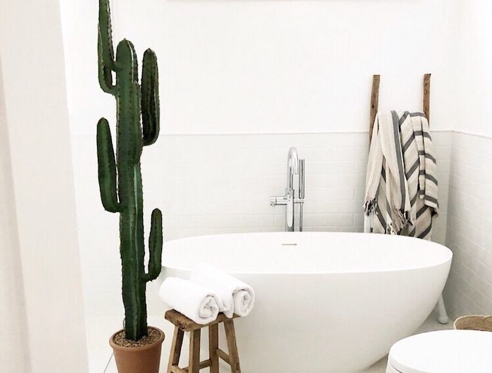 deco salle de bain avec baignoire blanche tabouret bois brut tapis oriental carrelage blanc granc dactus en pot