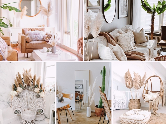 deco salon boheme chaise paon blanche meubles fibre naturelle accessoires herbe de pampa design interieur