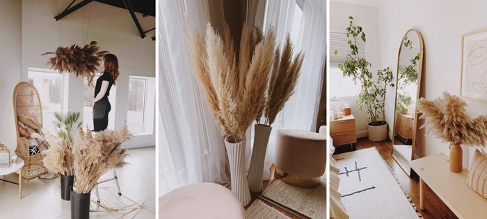 decoration d automne interieur salon style boheme chaise paon rotin fibre naturelle accessoires tiges de fleur de pampas