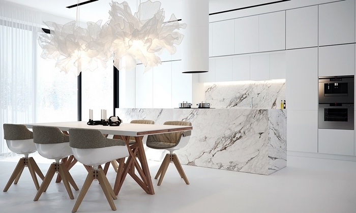 design cuisine blanche style intérieur moderne luxe idee deco cuisine ouverte salle à manger gris et blanc îlot marbre blanc
