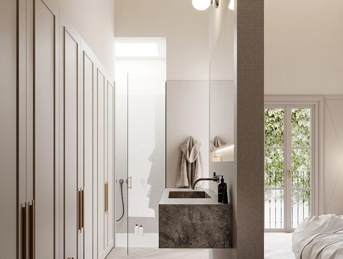 design intérieur chambre avec dressing et salle de bain parquet bois clair plafond avec poutres bois foncé miroir garde robe