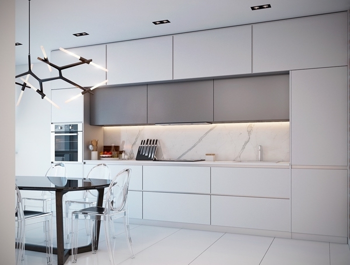 design intérieur style épuré déco cuisine moderne luxueuse luminaire noir mat éclairage spot led cuisine marbre blanc