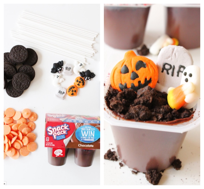 dessert halloween facile et original pudding en pot avec des biscuits émiettés et décoration de bonbons de halloween