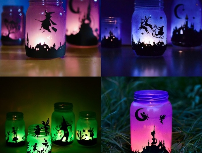 exemple d activité manuelle halloween originale recopier des silhouettes motif halloween sur l extérieur d un pot en verre