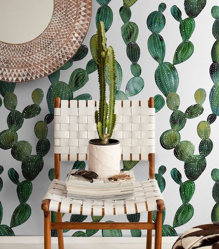 exemple de motif cactus mural dessin chaise tressée et pot de cactus pouf marron et blanc