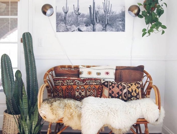 exemple de plante salon cactus osier et plante succulente à coté de canapé rotin coussisn azteque plaids fourrure tapis oriental