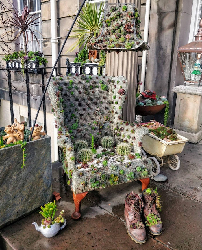 exemple-de-plante-verte-intérieur-fauteuil-motif-cactus-chaussures-cactus-idee-deco-recup-objets-recyclés-jardin-de-terrasse