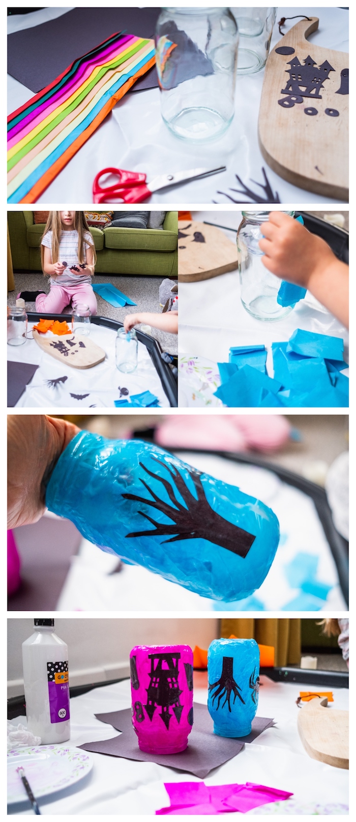 fabrication de photo phore diy dans pot en verre recyclé décoré de papier de soie et de silhouettes noires de papier activité manuelle maternelle