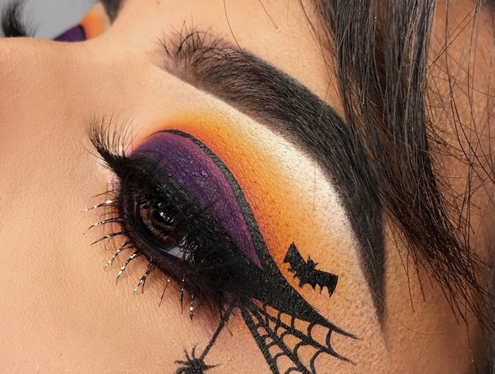 fards à paupières colorés makeup ombres violet orange technique ombré yeux maquillage halloween araignée dessin eye liner