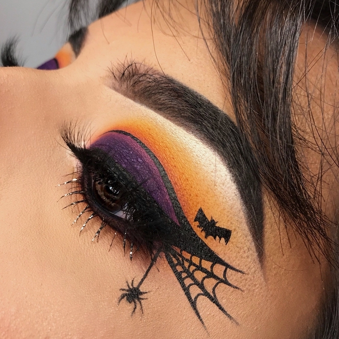fards à paupières colorés makeup ombres violet orange technique ombré yeux maquillage halloween araignée dessin eye liner