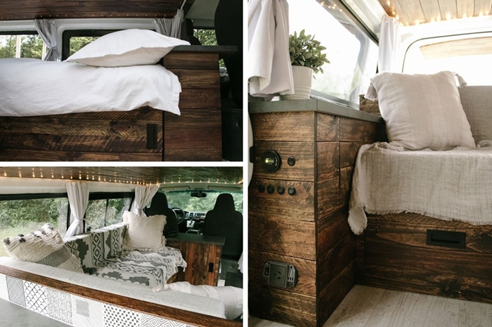 fourgon camping car meubles bois foncé aménagement petit espace fenêtre guirlande lumineuse objets textiles décoratifs