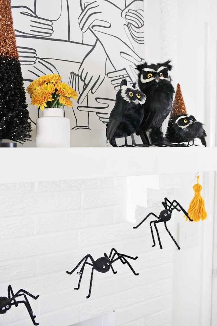 guirlande halloween a faire soi meme figurines araignées noires fil glands laine jaune moutarde figurine hibou effrayante