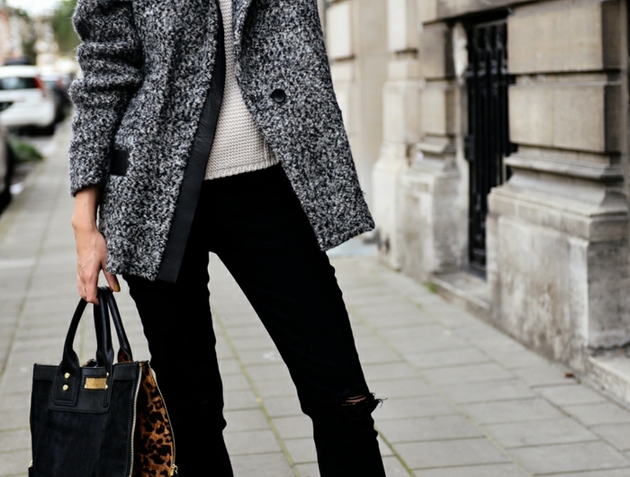 hiver tenue mode parisienne tendance automne hiver 2020 style bcbg femme en manteau mi long pull et jean noir rolé basket blanche