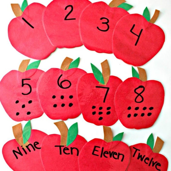 jeu de pommes de papier pour apprendre les chiffres idée activités manuelles enfants originales à but éducatif
