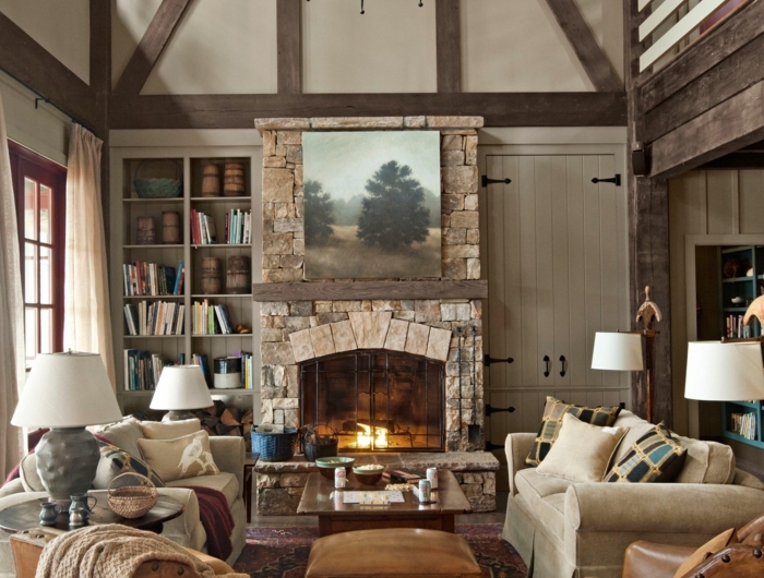 le style rustique magnifique maison cheminee pierres ambiance cosy salon chaleureux tapis cocooning