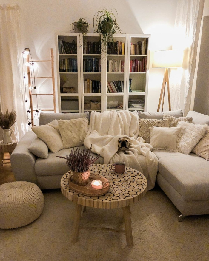 lumieres de nuit en guirlande canapé cosy salon chaleureux peinture pour salon bibliotheque avec livres petite table ronde de salon echelle de rangement