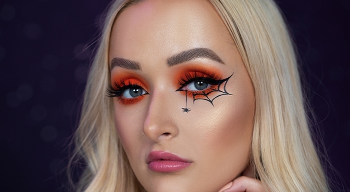 makeup facile fete halloween deguisement femme maquillage fards paupieres orange dessin toile araignee eye liner noir