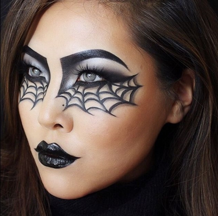 makeup halloween facile à faire maison idée maquillage femme fête déguisée femme araignée toile dessin crayon et fards paupières noirs