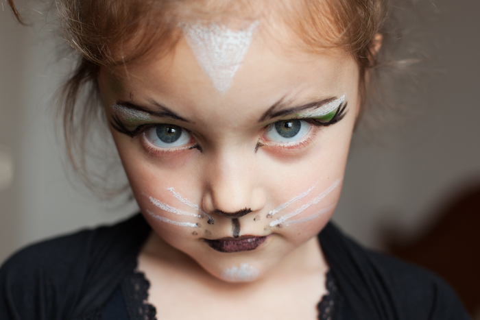 a little girl with her face painted as a cat