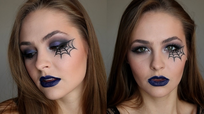 maquillage halloween simple à faire soi même dessin toile araignée en eyeliner noir yeux verts makeup facile fête
