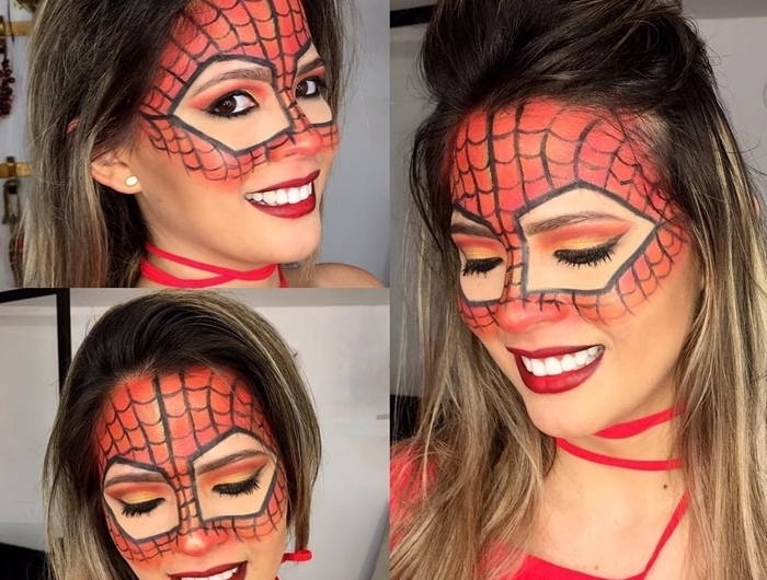 maquillage toile d araignée idée déguisement femme halloween rouge à lèvre rouge dessin masque toile rouge araignée