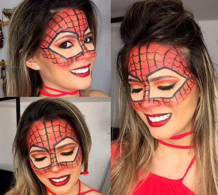 maquillage toile d araignée idée déguisement femme halloween rouge à lèvre rouge dessin masque toile rouge araignée