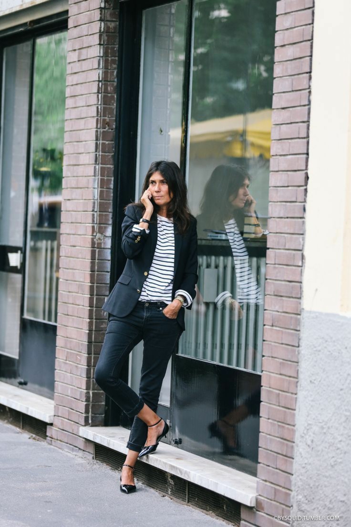 noir veste et jean avec t shirt rayé chaussures à petit talon savoir comment bien s habiller look parisienne femme
