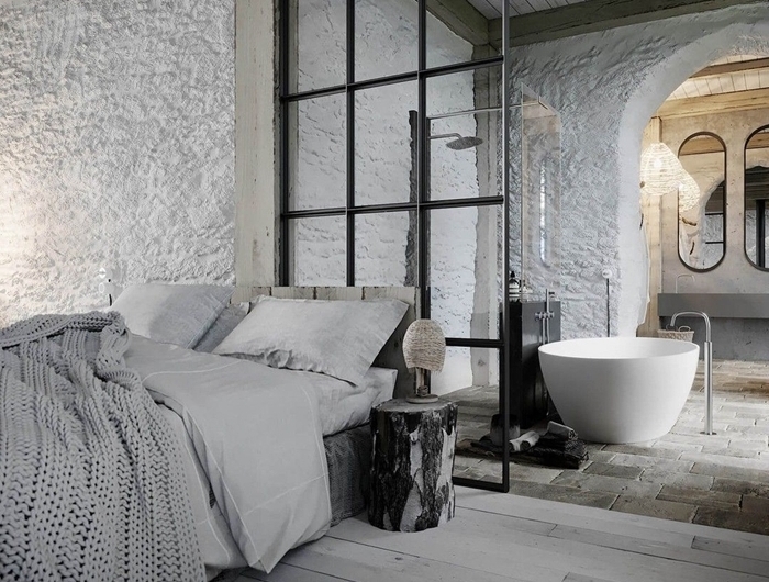 peinture à effet parquet bois blanc plaid crochet gris clair separation chambre salle de bain photos miroir ovale cloisson verre