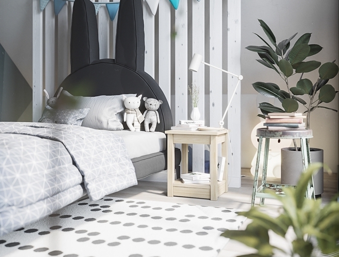 plante verte d intérieur décoration chambre enfant en blanc et gris avec meubles bois clair tete de lit bois blanc en palette recyclée