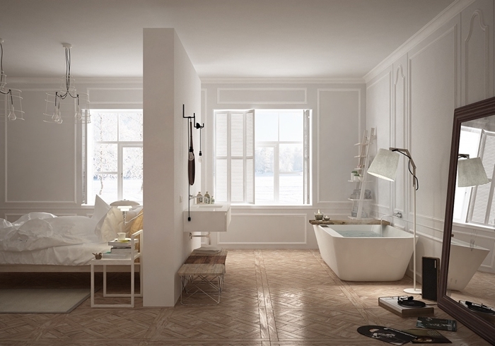 revêtement sol parquet bois clair chambre parentale avec salle de bain peinture blanche meubles blancs gros miroir cadre bois