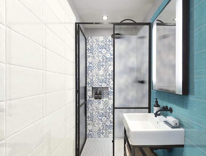 salle de bain moderne idees de carrelage et couleurs bleu mosqiaue miroir
