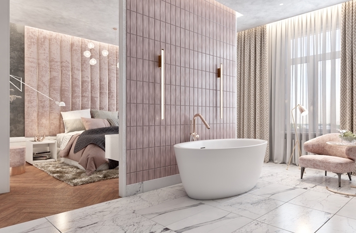 suite parentale salle de bain design intérieur moderne carrelage marbre parquet bois clair baignoire autoportante blanche